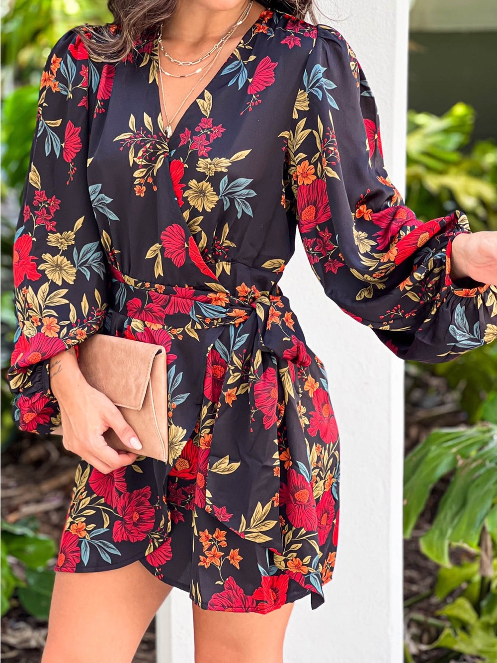 Sweet Lemon Black Floral Wrap Mini Dress with Red Blooming Print small